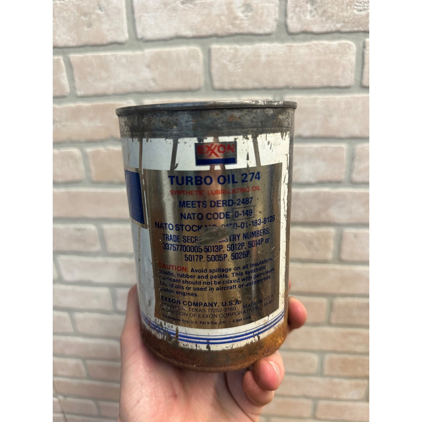 Vintage Exxon Turbo Oil 274 Turbine Engine 1 Quart Oil Can Metal Gas Advertising