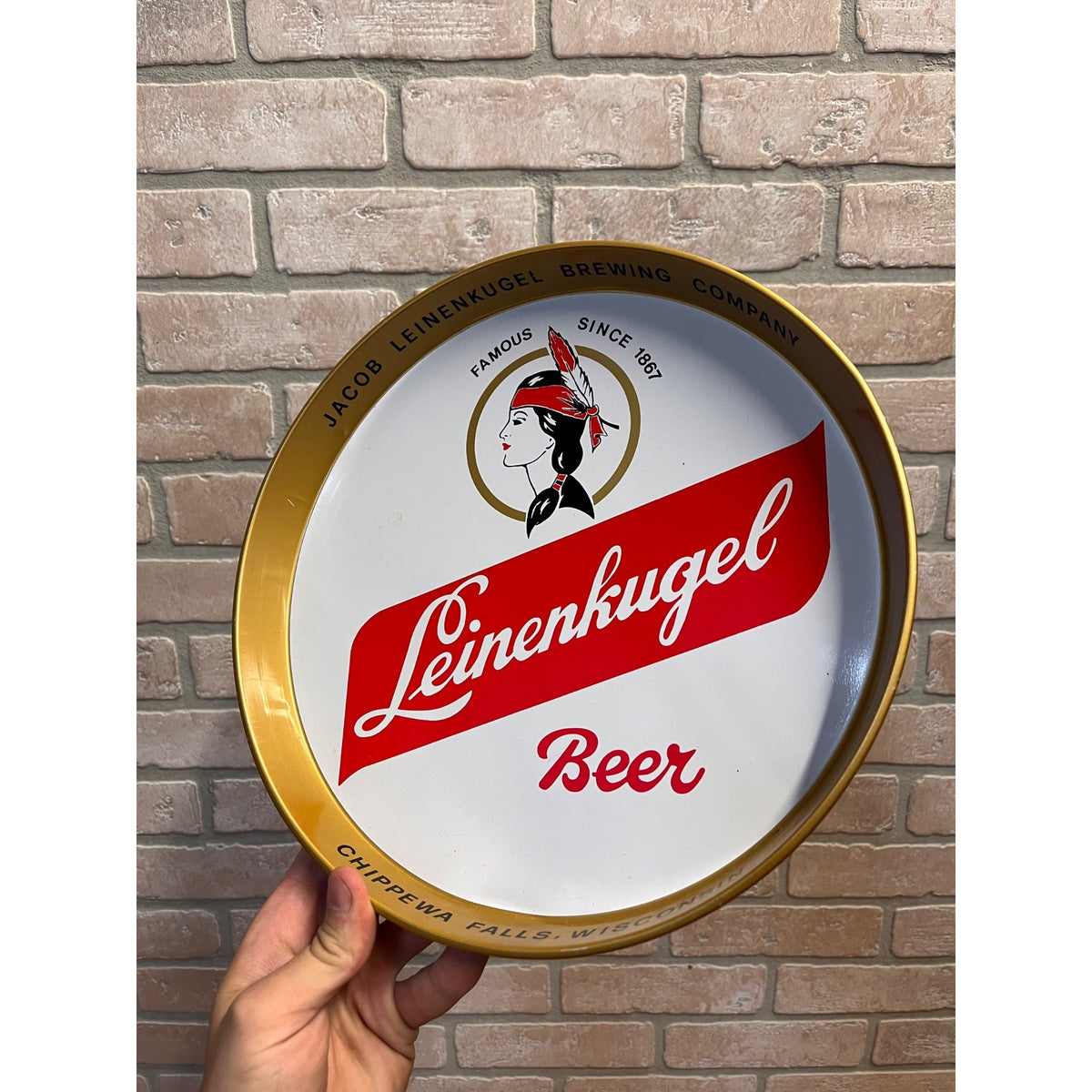 Vintage Jacob Leinenkugel Brewing Co. Metal Beer Advertising Round Tray Indian Maiden Logo Chippewa Falls, WI