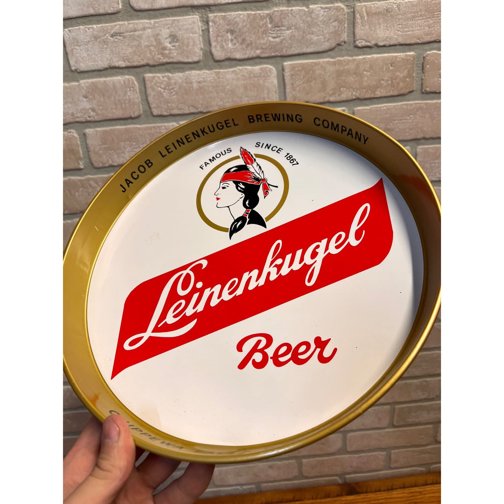 Vintage Jacob Leinenkugel Brewing Co. Metal Beer Advertising Round Tray Indian Maiden Logo Chippewa Falls, WI