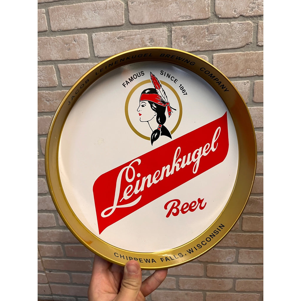 Vintage Jacob Leinenkugel Brewing Co. Metal Beer Advertising Round Tray Indian Maiden Logo Chippewa Falls, WI