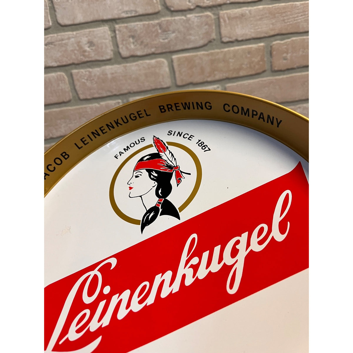 Vintage Jacob Leinenkugel Brewing Co. Metal Beer Advertising Round Tray Indian Maiden Logo Chippewa Falls, WI