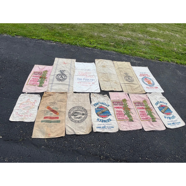 Lot 13 Vintage Feed Seed Grain Sacks Advertising Cloth Dekalb Fulton Farmhouse +