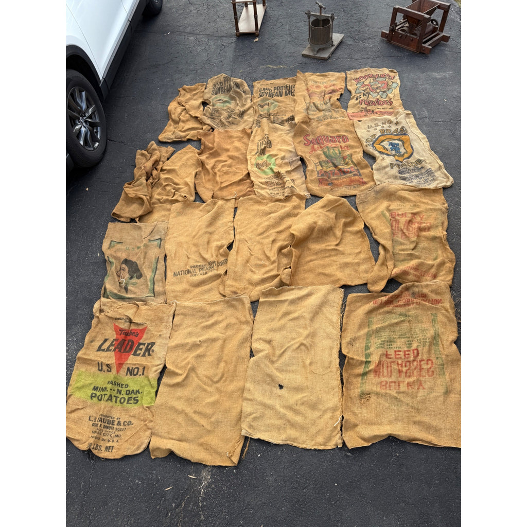 Lot of Burlap Potato Feed Sack Grain Bags Advertising Rough