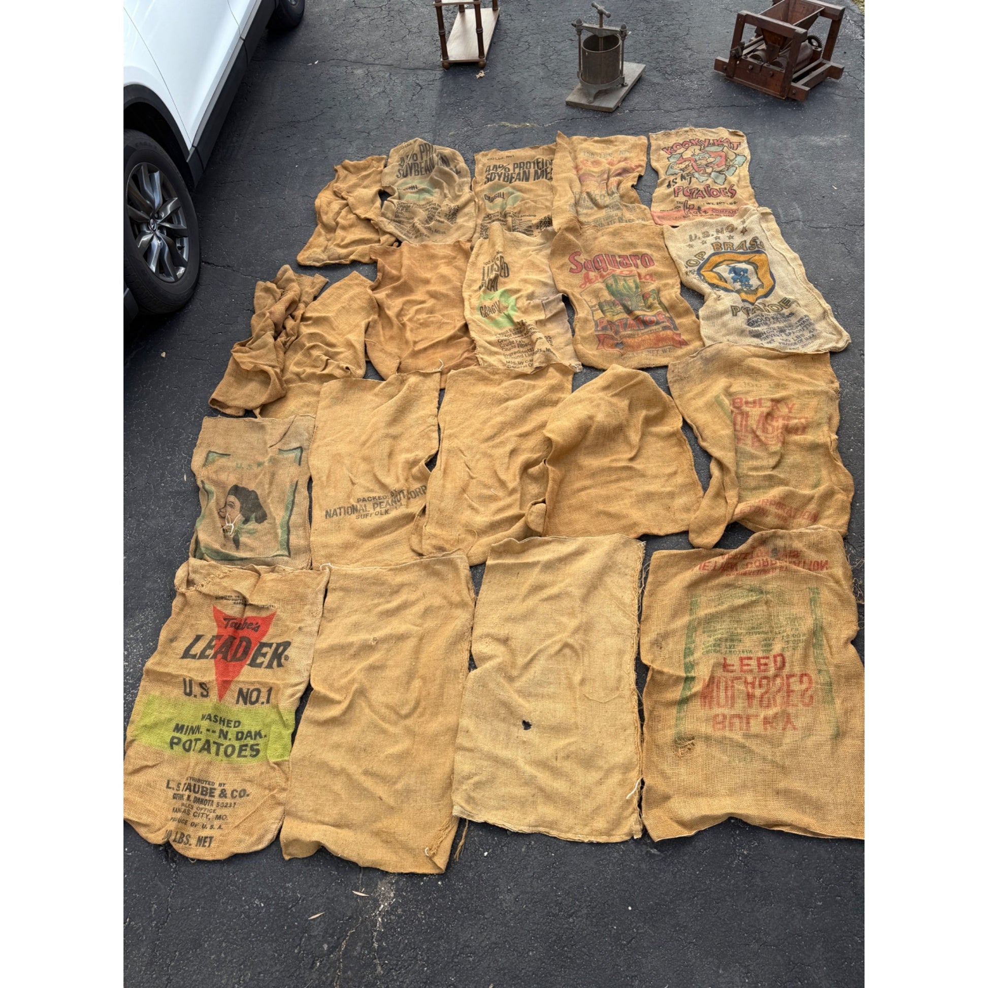 Lot of Burlap Potato Feed Sack Grain Bags Advertising Rough