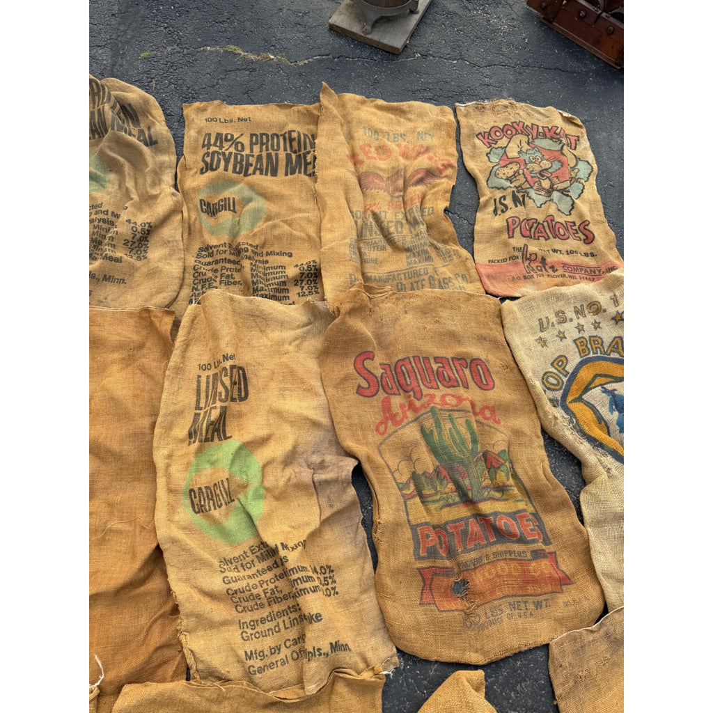 Lot of Burlap Potato Feed Sack Grain Bags Advertising Rough