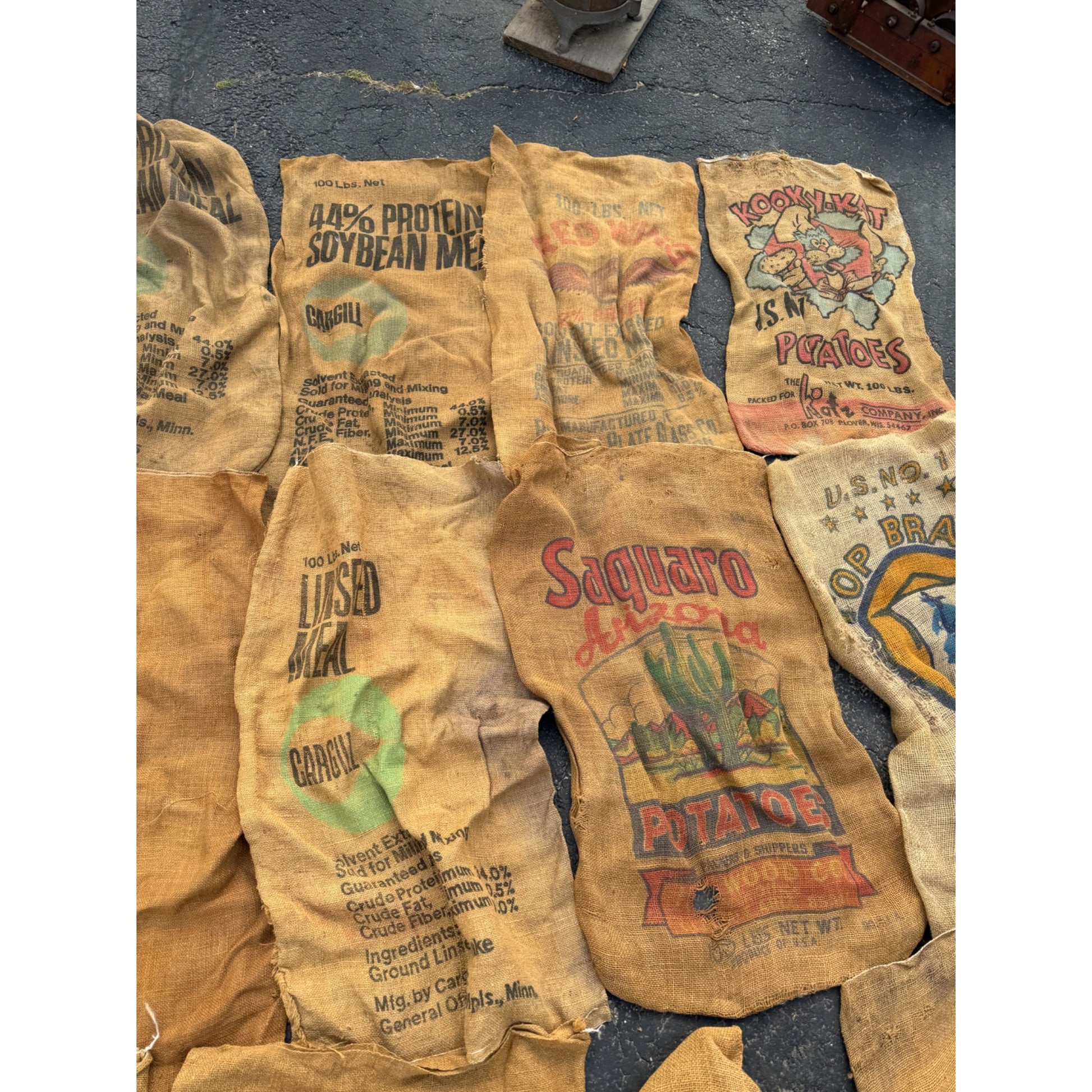 Lot of Burlap Potato Feed Sack Grain Bags Advertising Rough