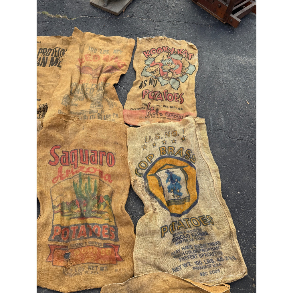 Lot of Burlap Potato Feed Sack Grain Bags Advertising Rough