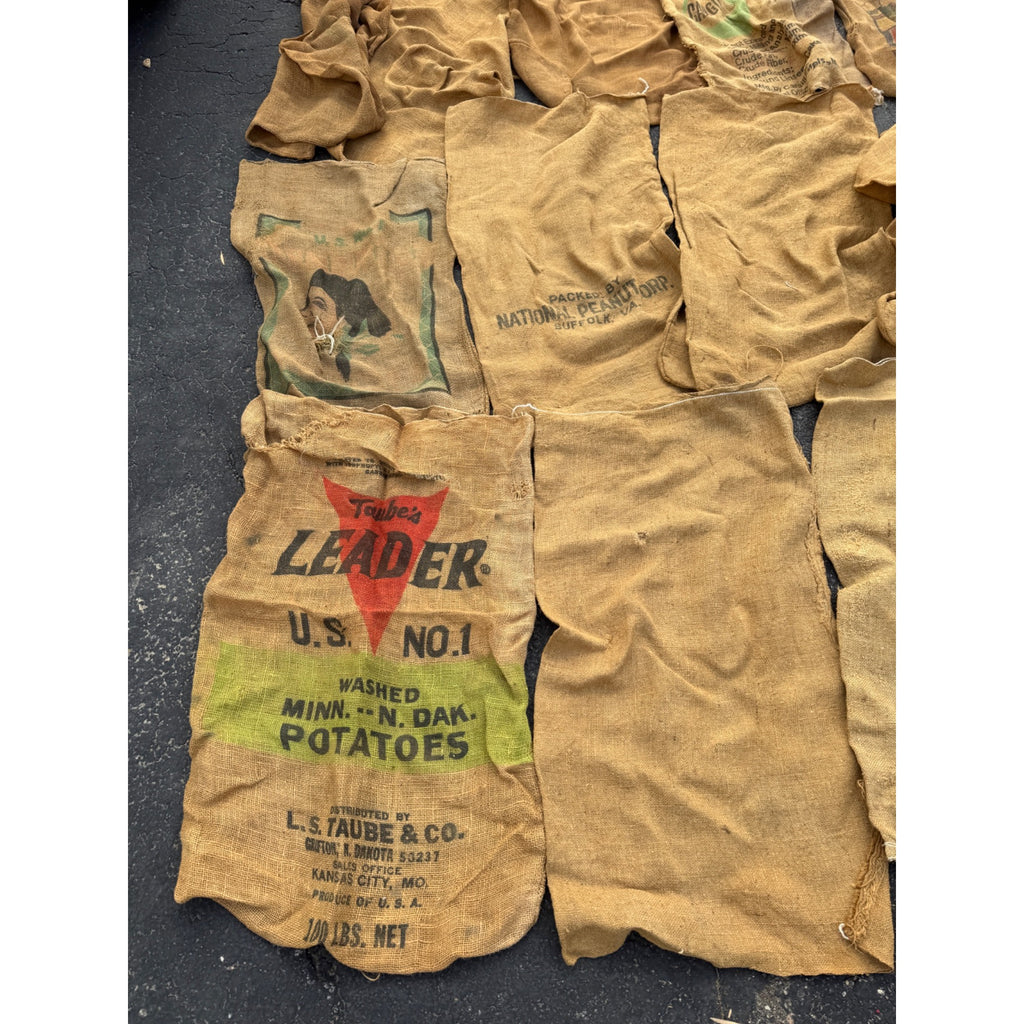 Lot of Burlap Potato Feed Sack Grain Bags Advertising Rough