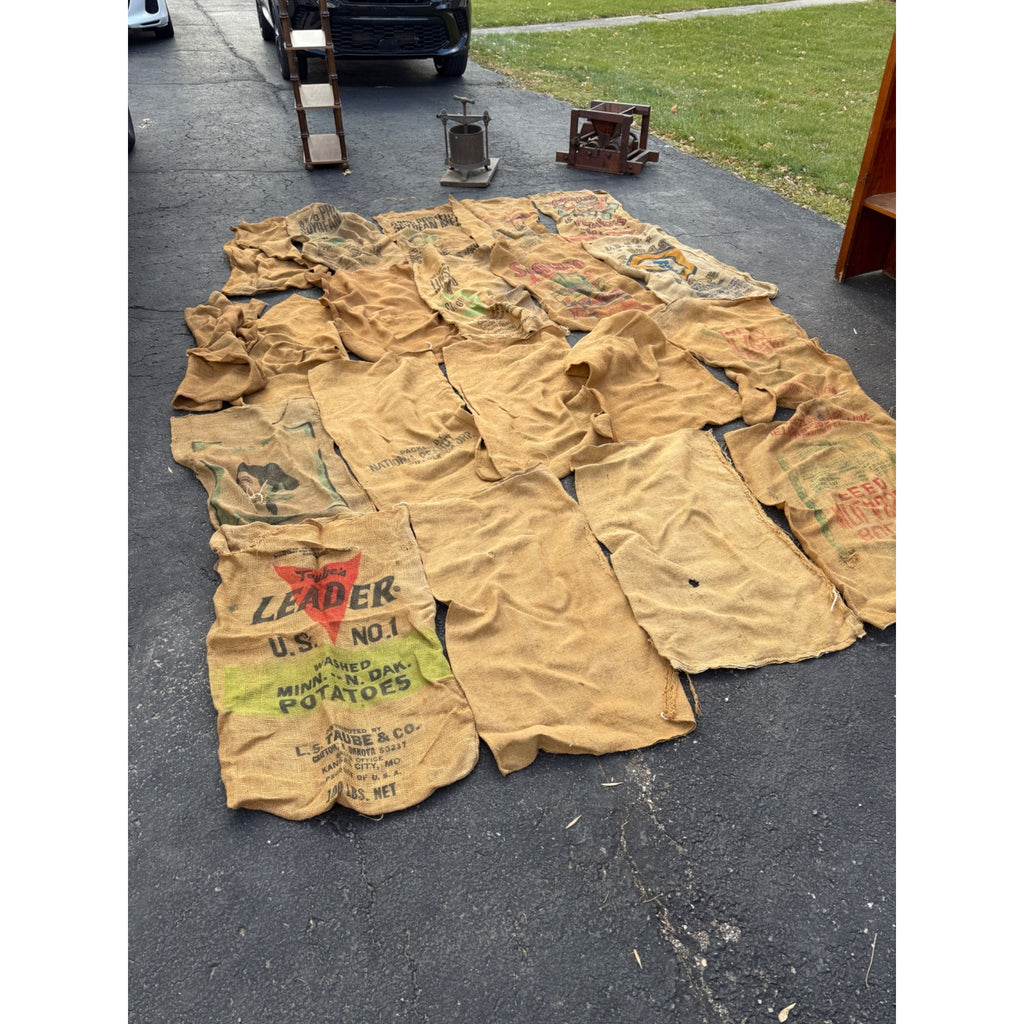 Lot of Burlap Potato Feed Sack Grain Bags Advertising Rough