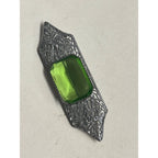 Vintage Art Deco Silver Tone Filigree Brooch Green Glass Emerald Cut Pin