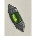 Vintage Art Deco Silver Tone Filigree Brooch Green Glass Emerald Cut Pin