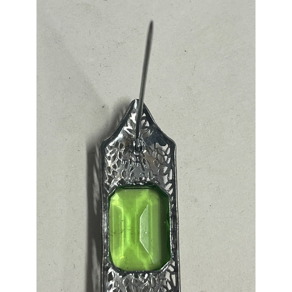 Vintage Art Deco Silver Tone Filigree Brooch Green Glass Emerald Cut Pin