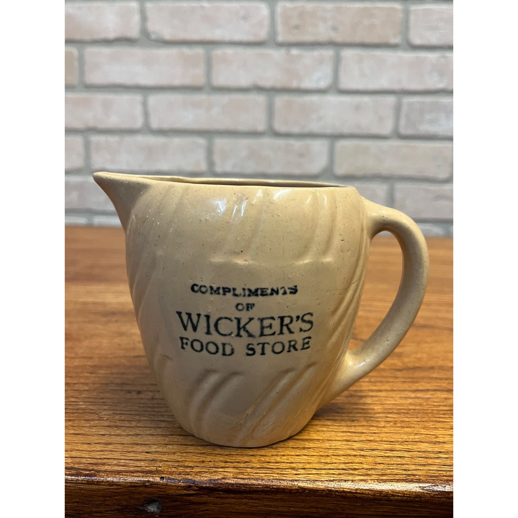 Vintage Stoneware Wicker's Food Store Marshfield WI Wisconsin Advertising Pitcher Wis