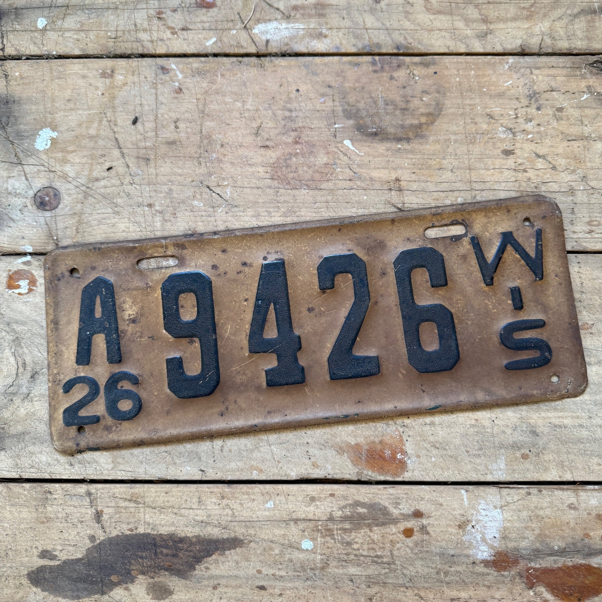 1926 Wisconsin License Plate A 9426 Cream Brown