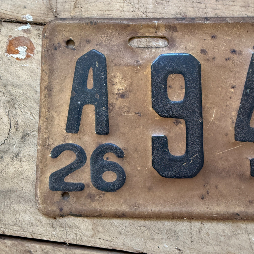 1926 Wisconsin License Plate A 9426 Cream Brown