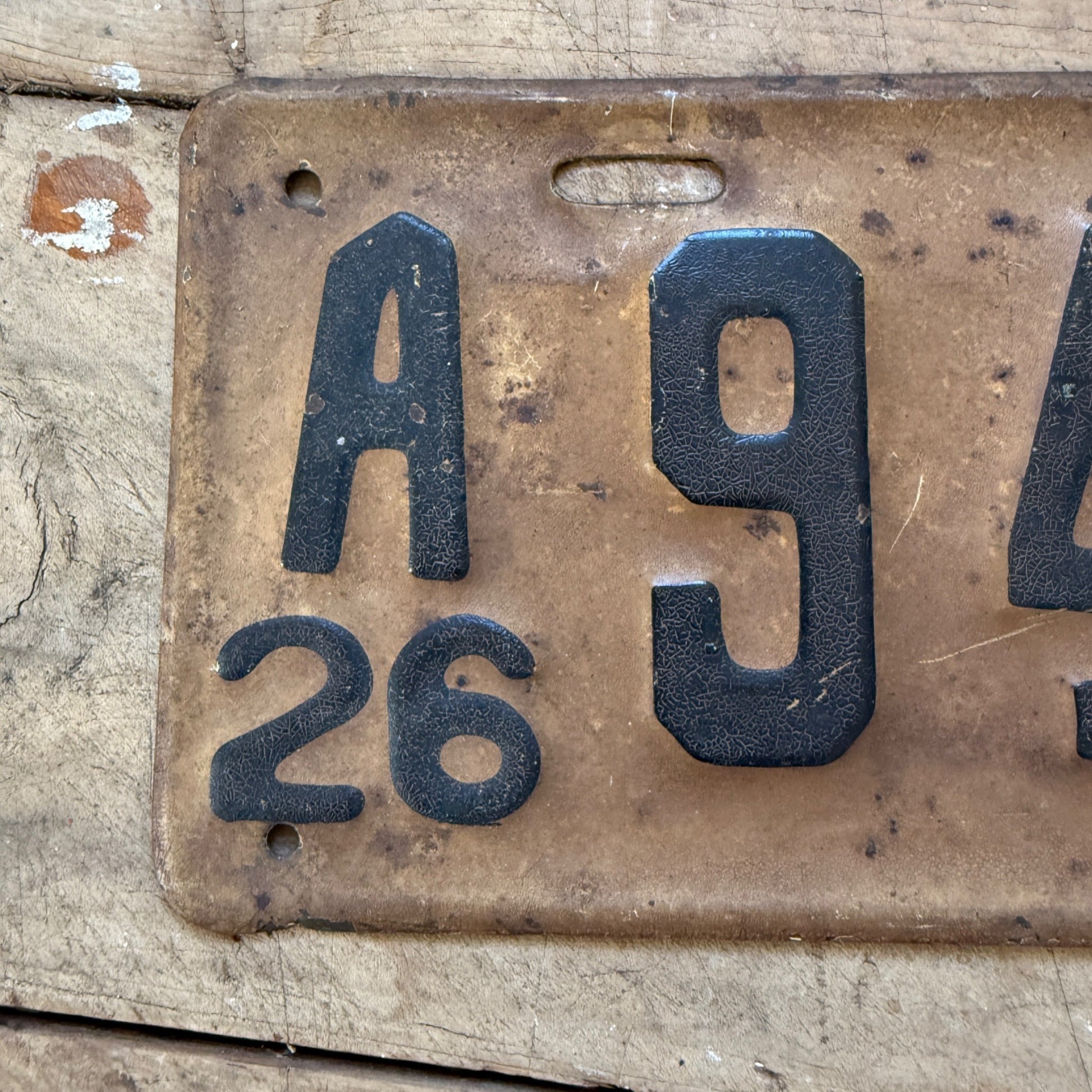 1926 Wisconsin License Plate A 9426 Cream Brown