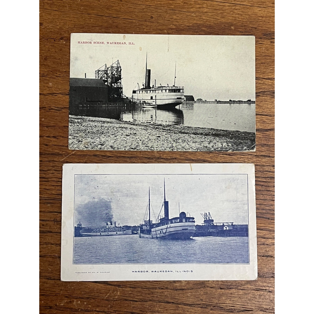 Vintage 1900s Waukegan Illinois Lot (2) Postcards Harbor Dock Scenes
