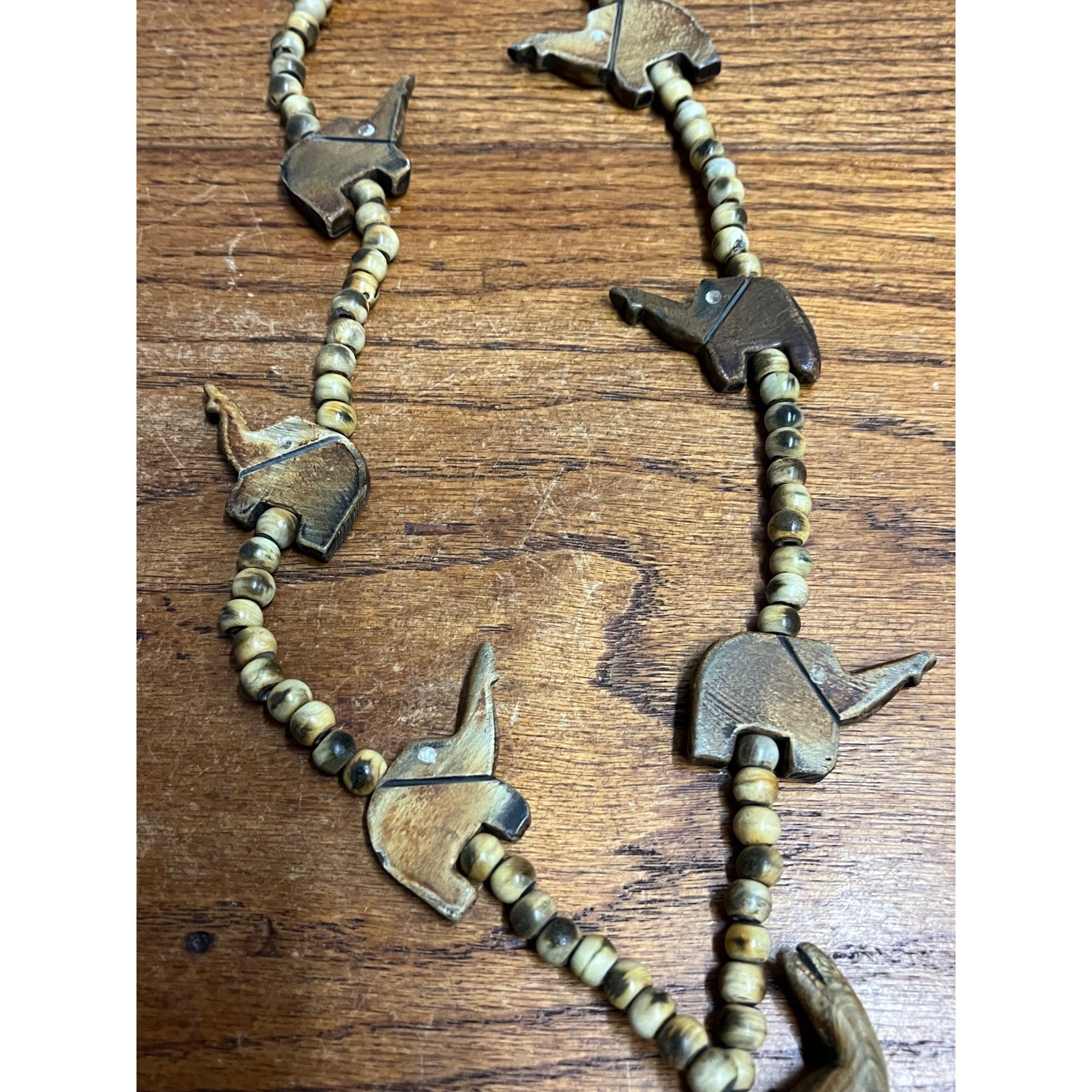 Vintage Carved Elephant & Natural Round Bead Necklace Boho Beach Africa Tribal