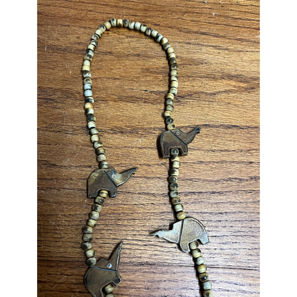 Vintage Carved Elephant & Natural Round Bead Necklace Boho Beach Africa Tribal