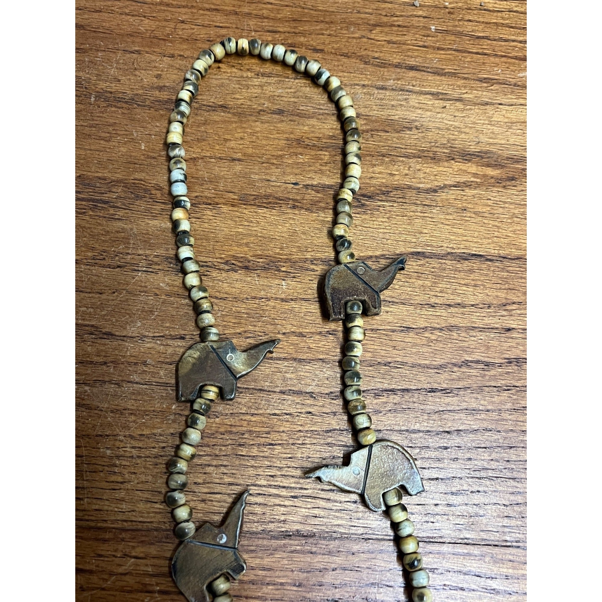 Vintage Carved Elephant & Natural Round Bead Necklace Boho Beach Africa Tribal