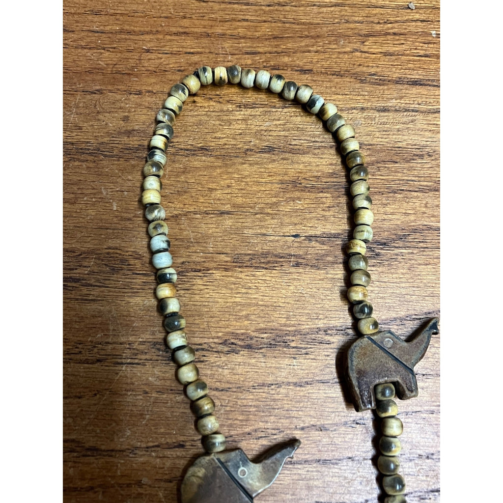 Vintage Carved Elephant & Natural Round Bead Necklace Boho Beach Africa Tribal