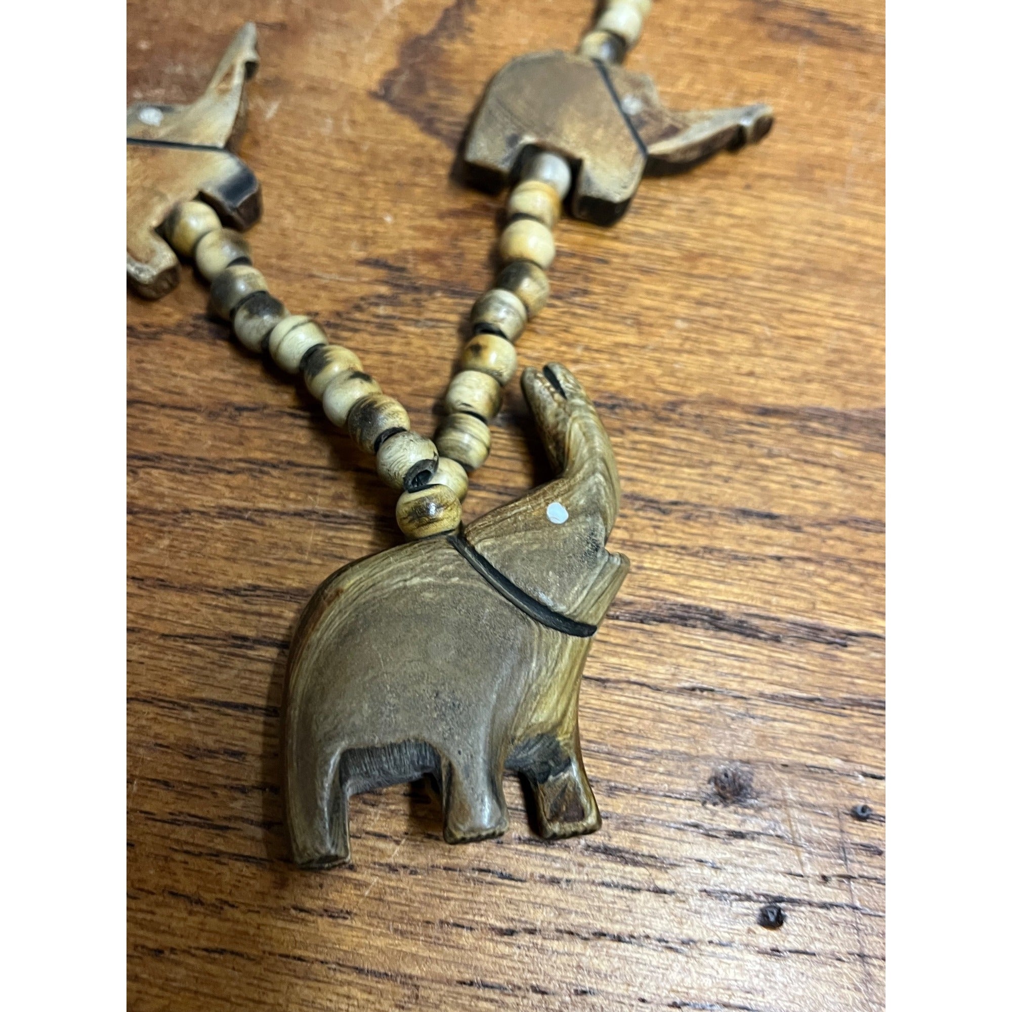 Vintage Carved Elephant & Natural Round Bead Necklace Boho Beach Africa Tribal