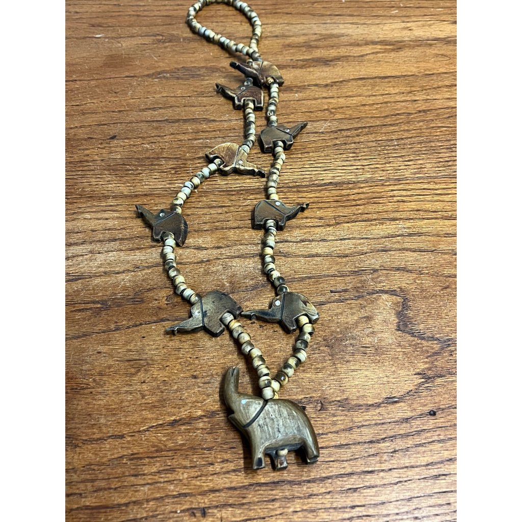 Vintage Carved Elephant & Natural Round Bead Necklace Boho Beach Africa Tribal