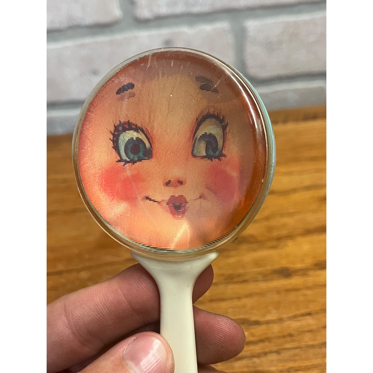 Vintage 1960s Baby Face Rattle Plastic Blue White
