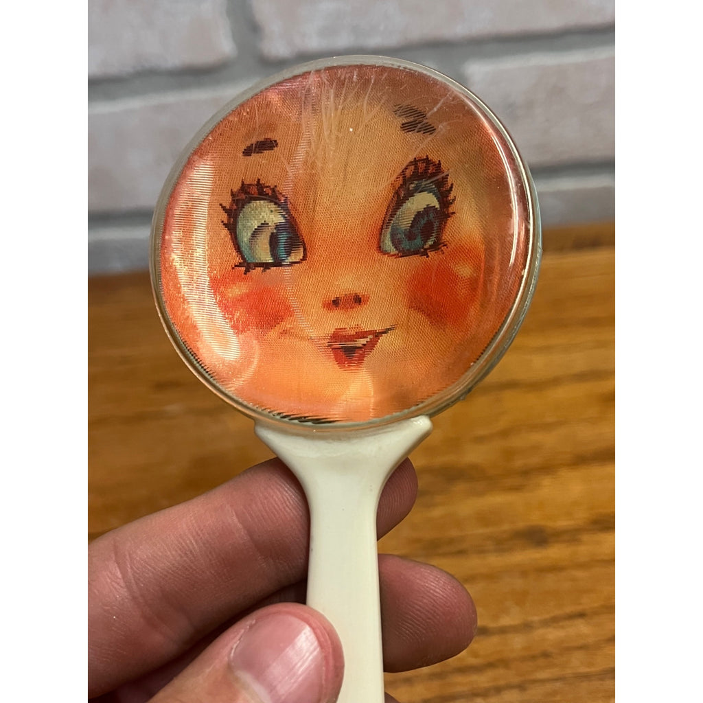 Vintage 1960s Baby Face Rattle Plastic Blue White
