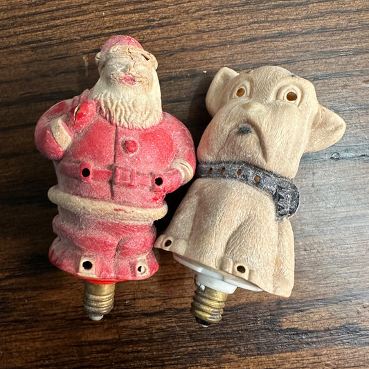 Vintage 1940s Christmas Celluloid Plastic Figural C6 Bulbs Santa + Dog