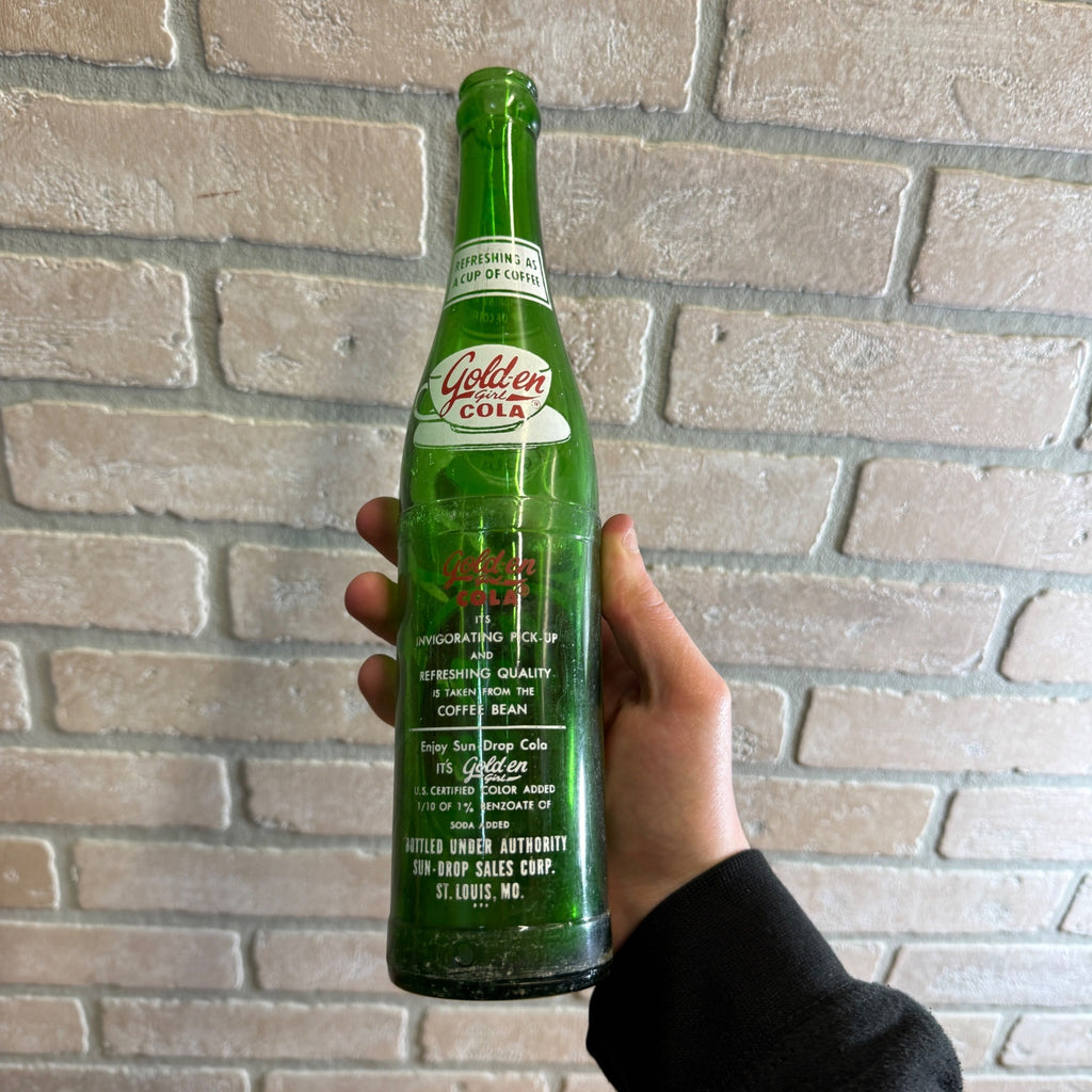 Vintage Sun Drop Golden Girl Cola 14oz Soda Bottle Scarce Green St Louis