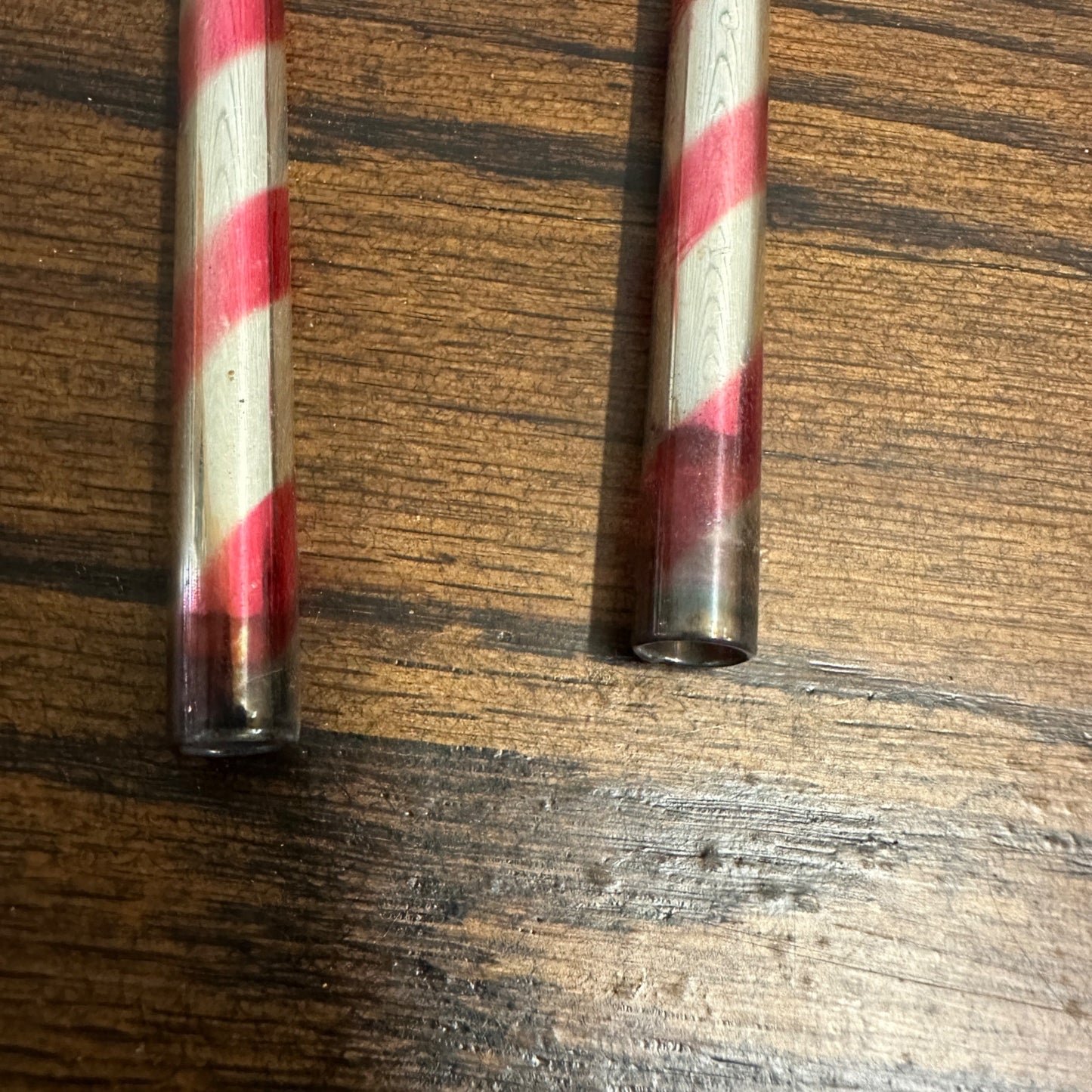 Pair Vintage 1940s KENTLEE Mercury Glass Christmas Candy Cane Ornament Red & White