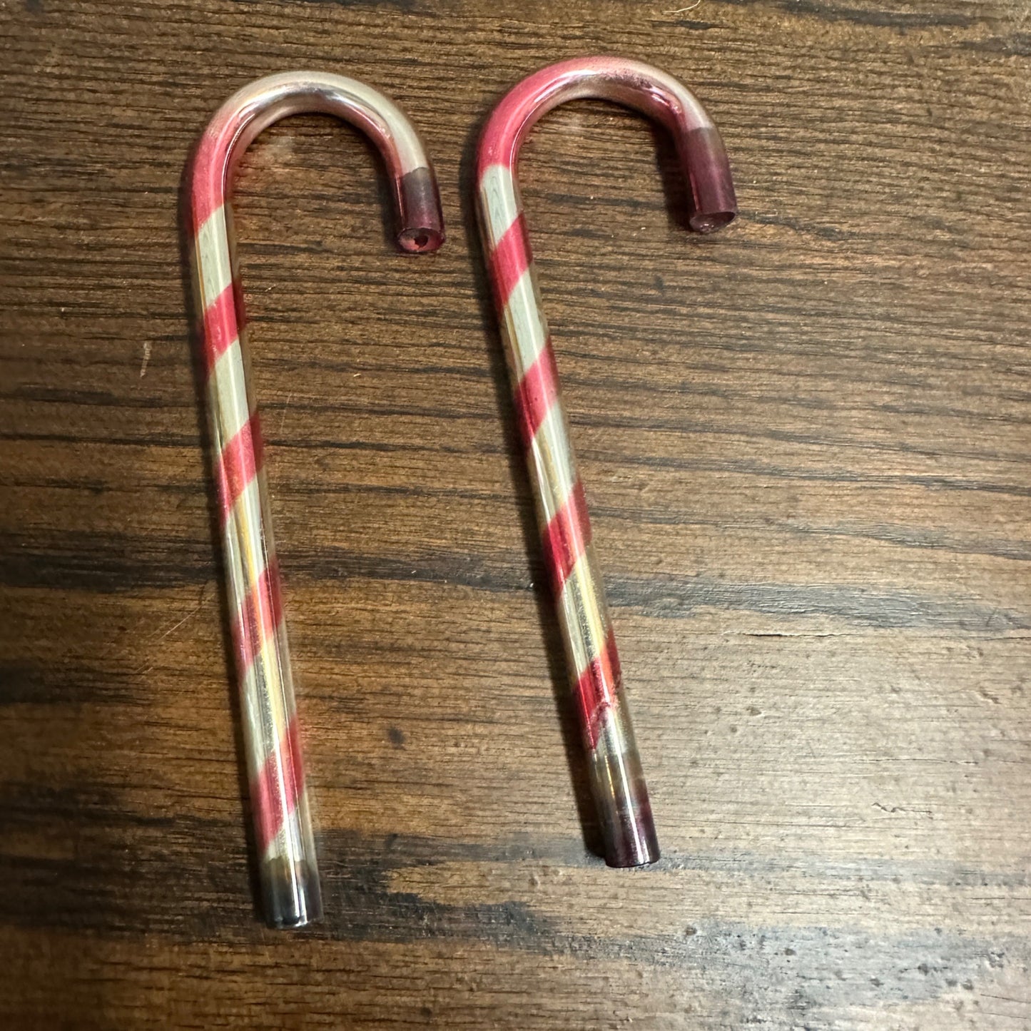 Pair Vintage 1940s KENTLEE Mercury Glass Christmas Candy Cane Ornament Red & White