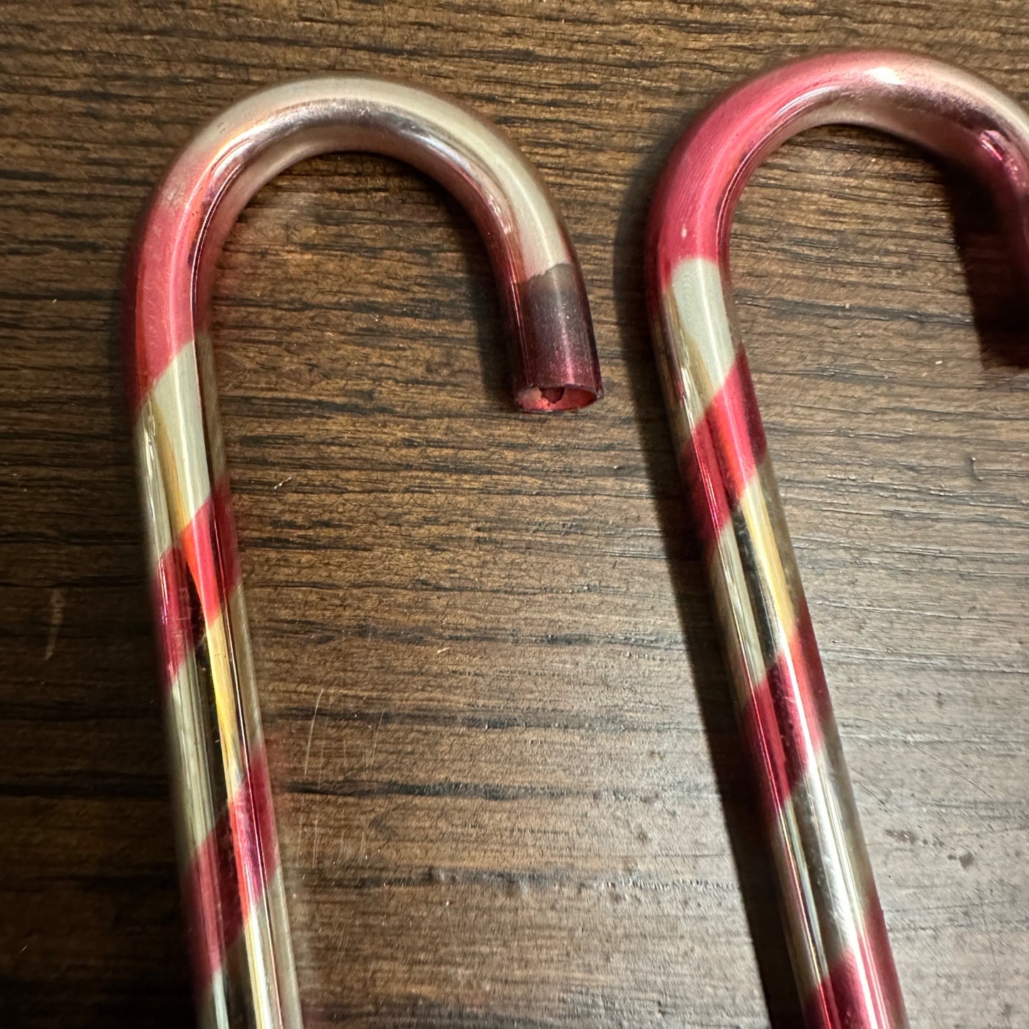 Pair Vintage 1940s KENTLEE Mercury Glass Christmas Candy Cane Ornament Red & White