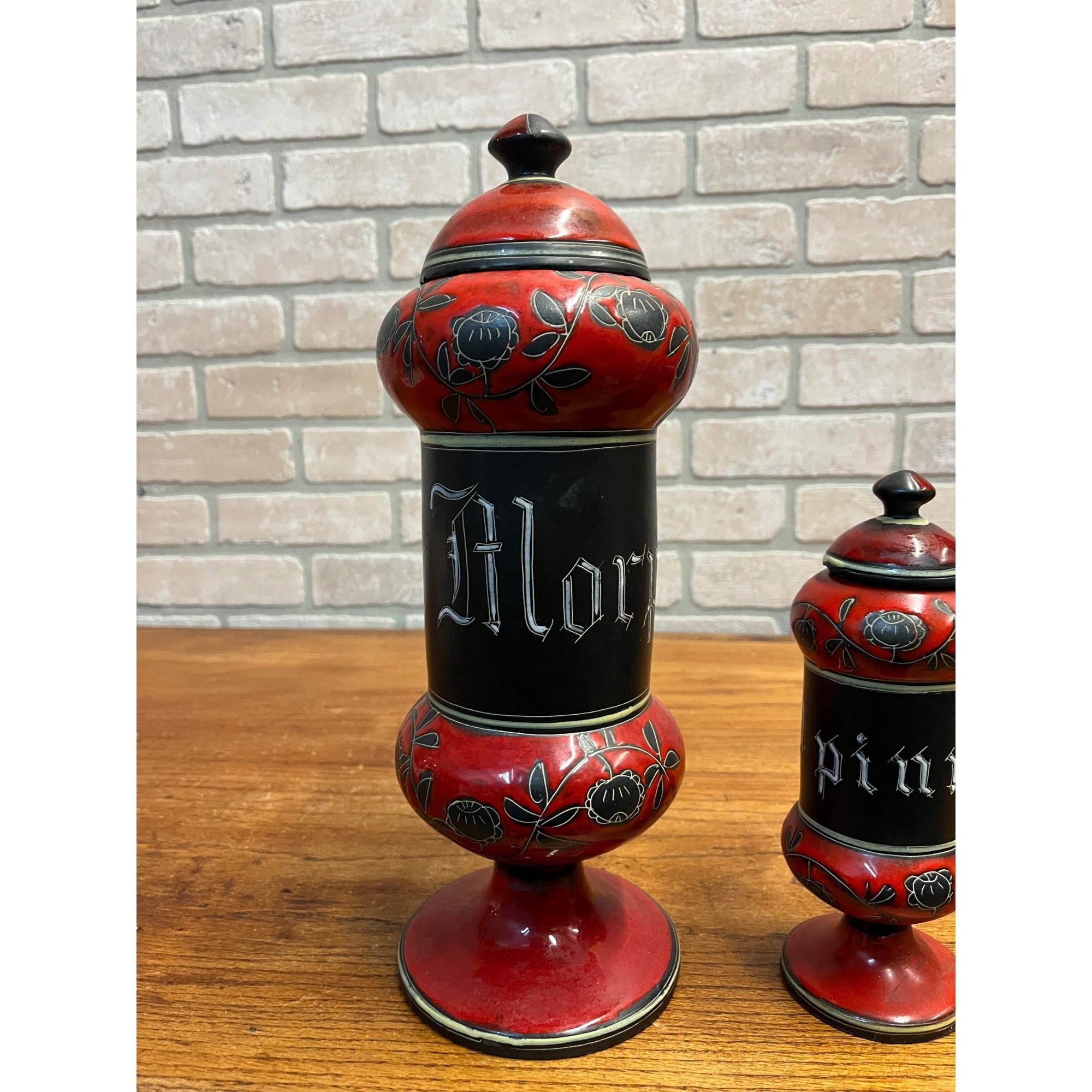 Vintage Apothecary Opium Morphine Red & Black Pottery Lidded Jars Canisters