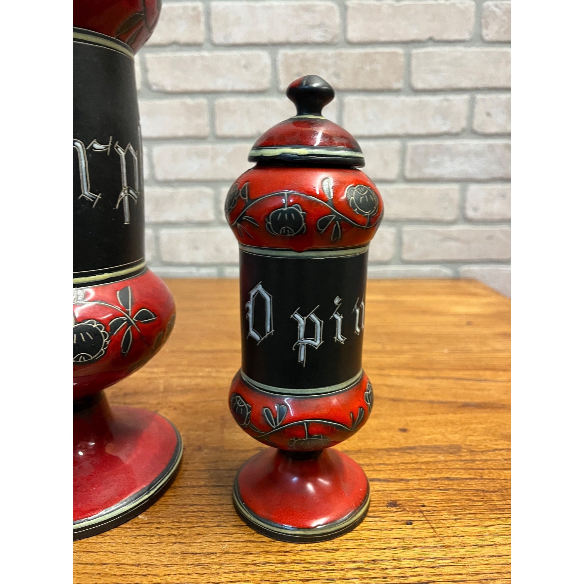 Vintage Apothecary Opium Morphine Red & Black Pottery Lidded Jars Canisters