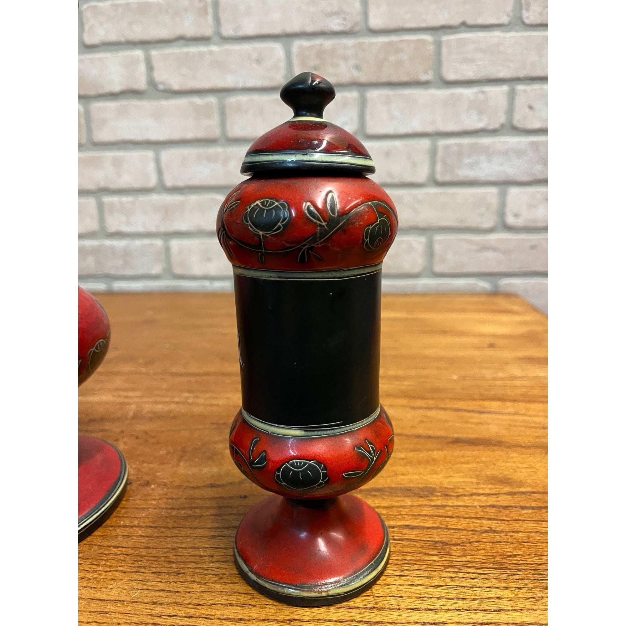 Vintage Apothecary Opium Morphine Red & Black Pottery Lidded Jars Canisters