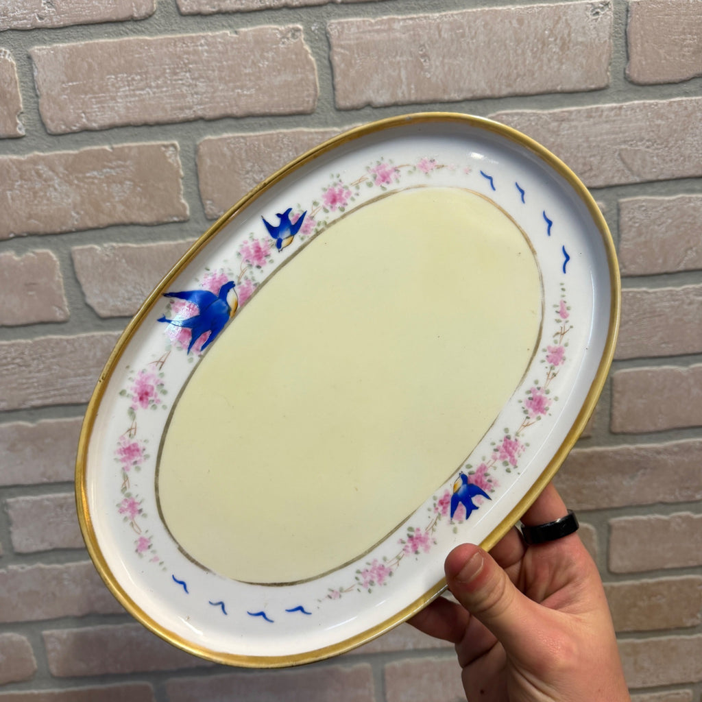 Vintage Nippon Hand Painted Oval Tray Bluebirds & Pink Floral Design Gold Trim Early 1900s