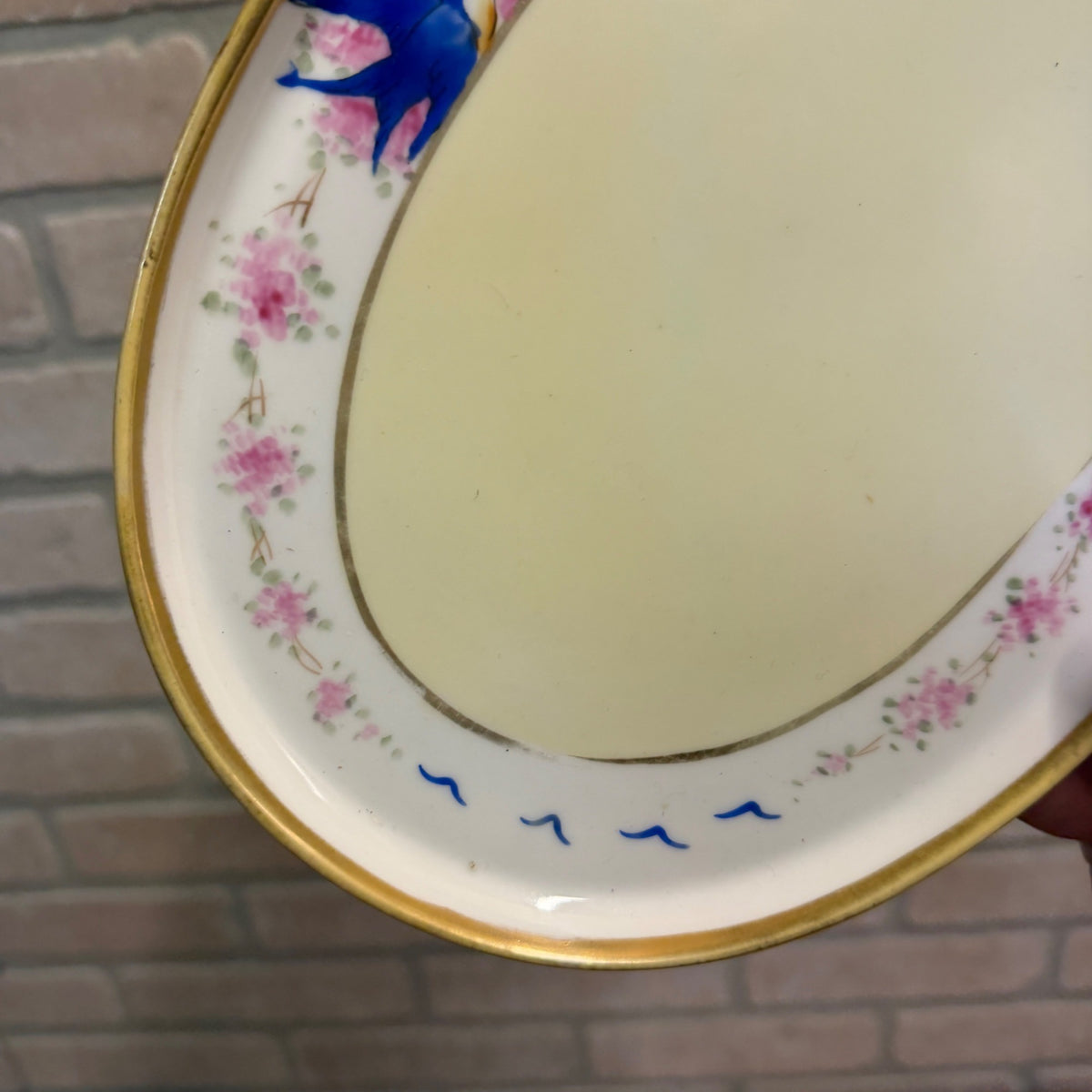 Vintage Nippon Hand Painted Oval Tray Bluebirds & Pink Floral Design Gold Trim Early 1900s