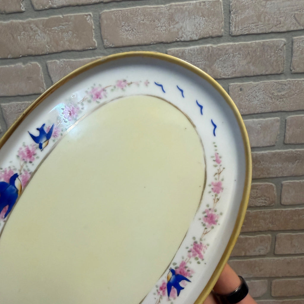 Vintage Nippon Hand Painted Oval Tray Bluebirds & Pink Floral Design Gold Trim Early 1900s