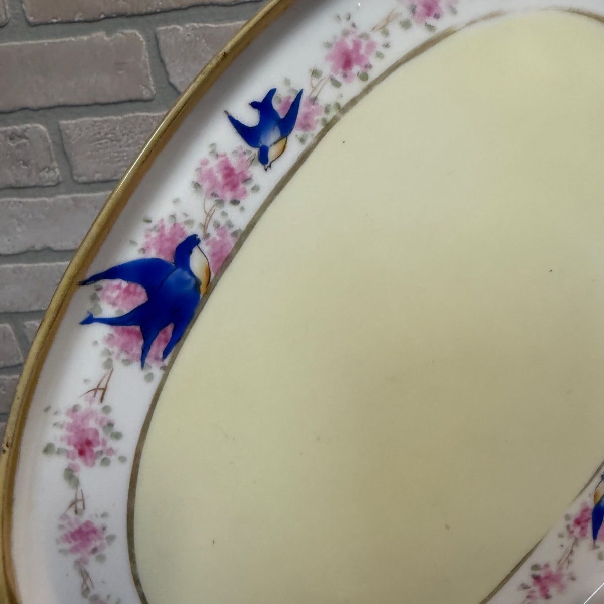 Vintage Nippon Hand Painted Oval Tray Bluebirds & Pink Floral Design Gold Trim Early 1900s