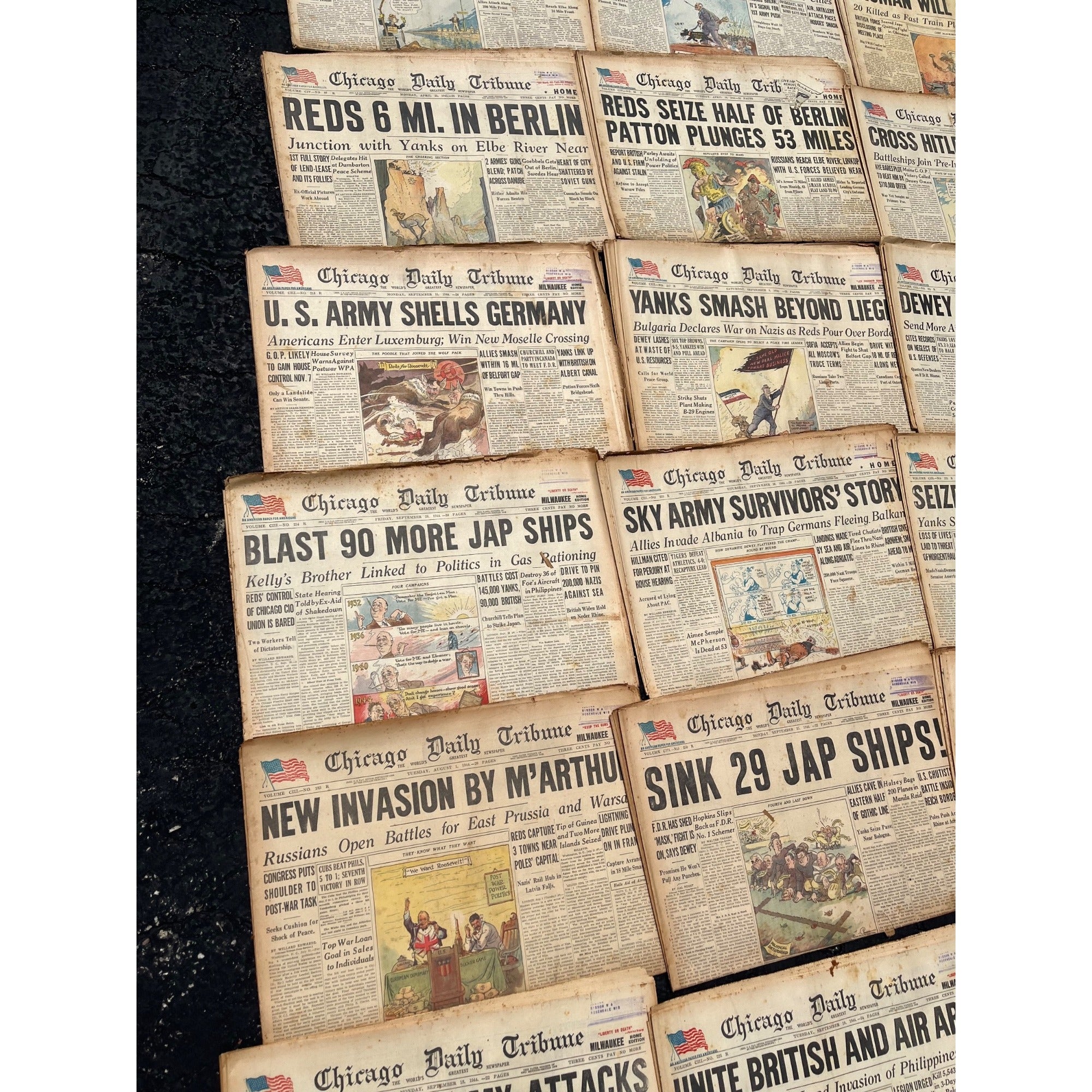 Chicago Daily Tribune Newspaper Lot WWII 1944-45 Cartoon Headliners US Army Homefront