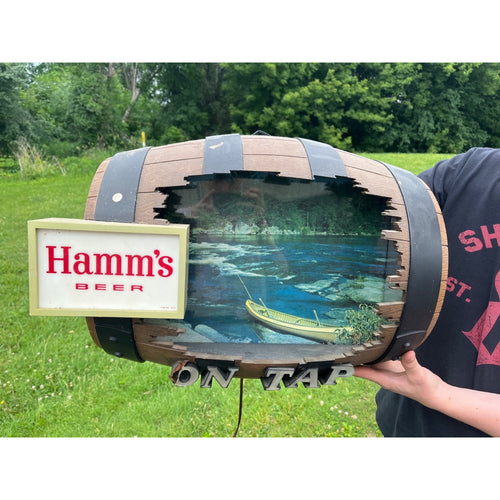 Vintage Hamm's Beer Lighted Barrel Sign Canoe Scene On Tap Bar Display Wall Hanging