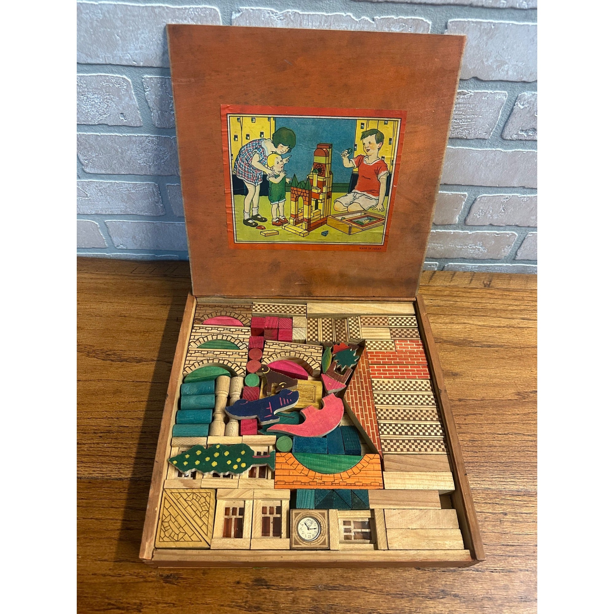 Vintage Wooden Architectural Building Blocks Child's Toy Dovetail Box Japan