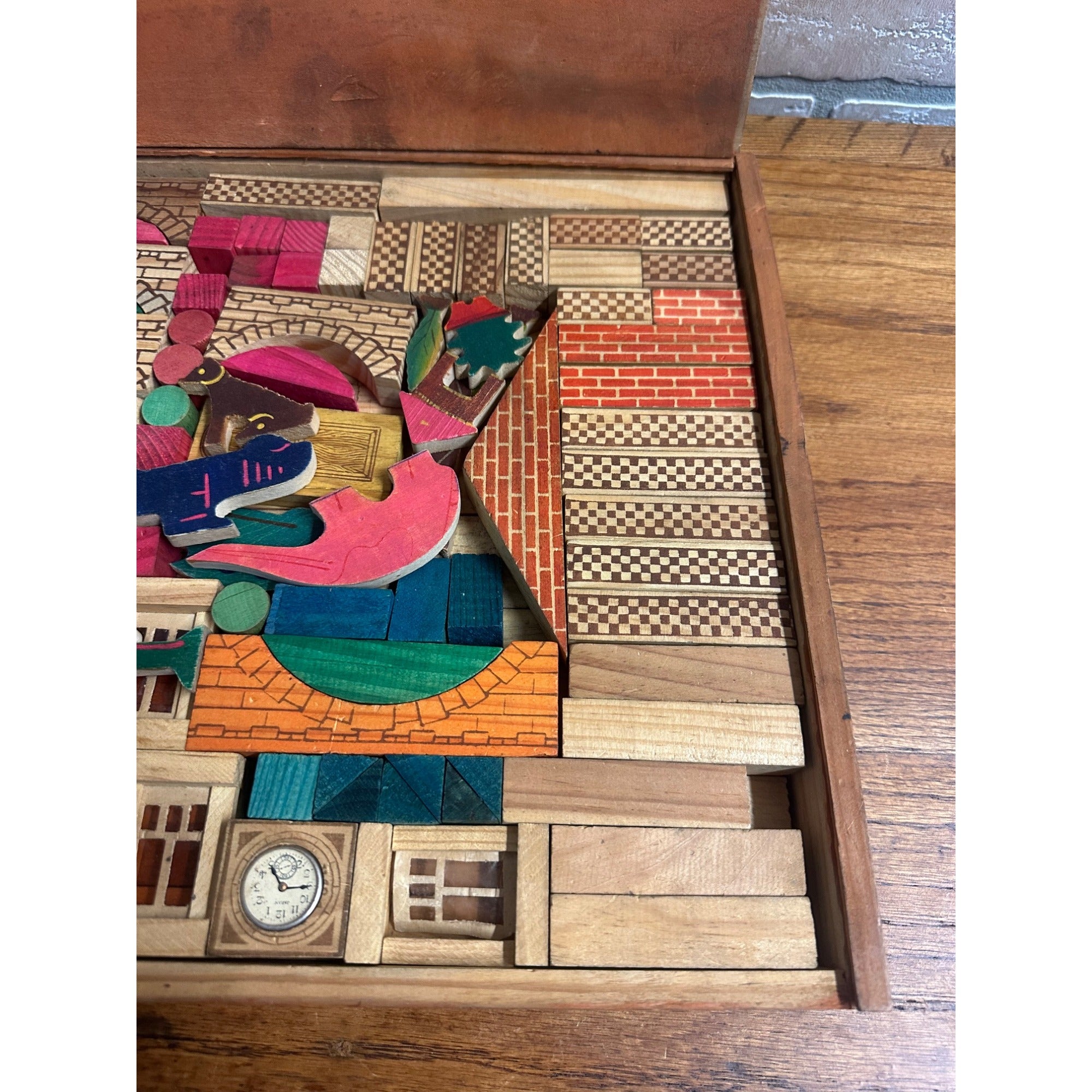 Vintage Wooden Architectural Building Blocks Child's Toy Dovetail Box Japan