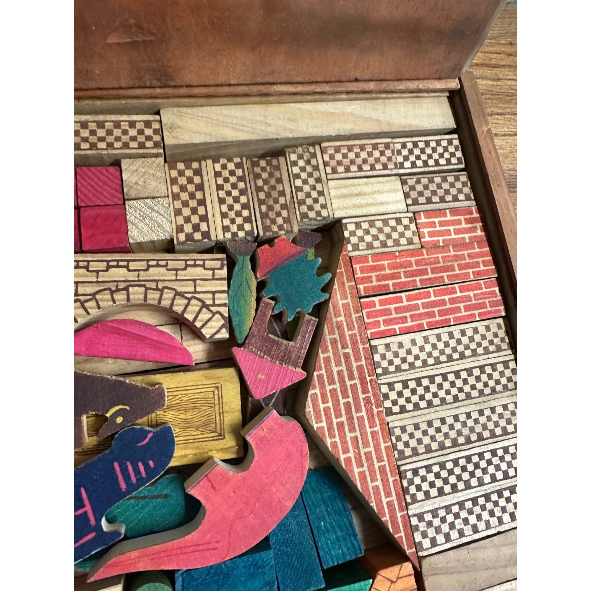 Vintage Wooden Architectural Building Blocks Child's Toy Dovetail Box Japan