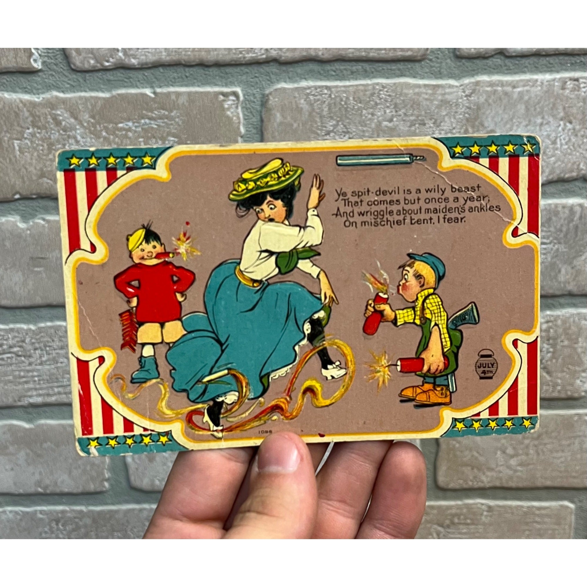 Antique Fourth of July Series Postcard 4th Patriotic Fireworks #1096 Spit-Devil