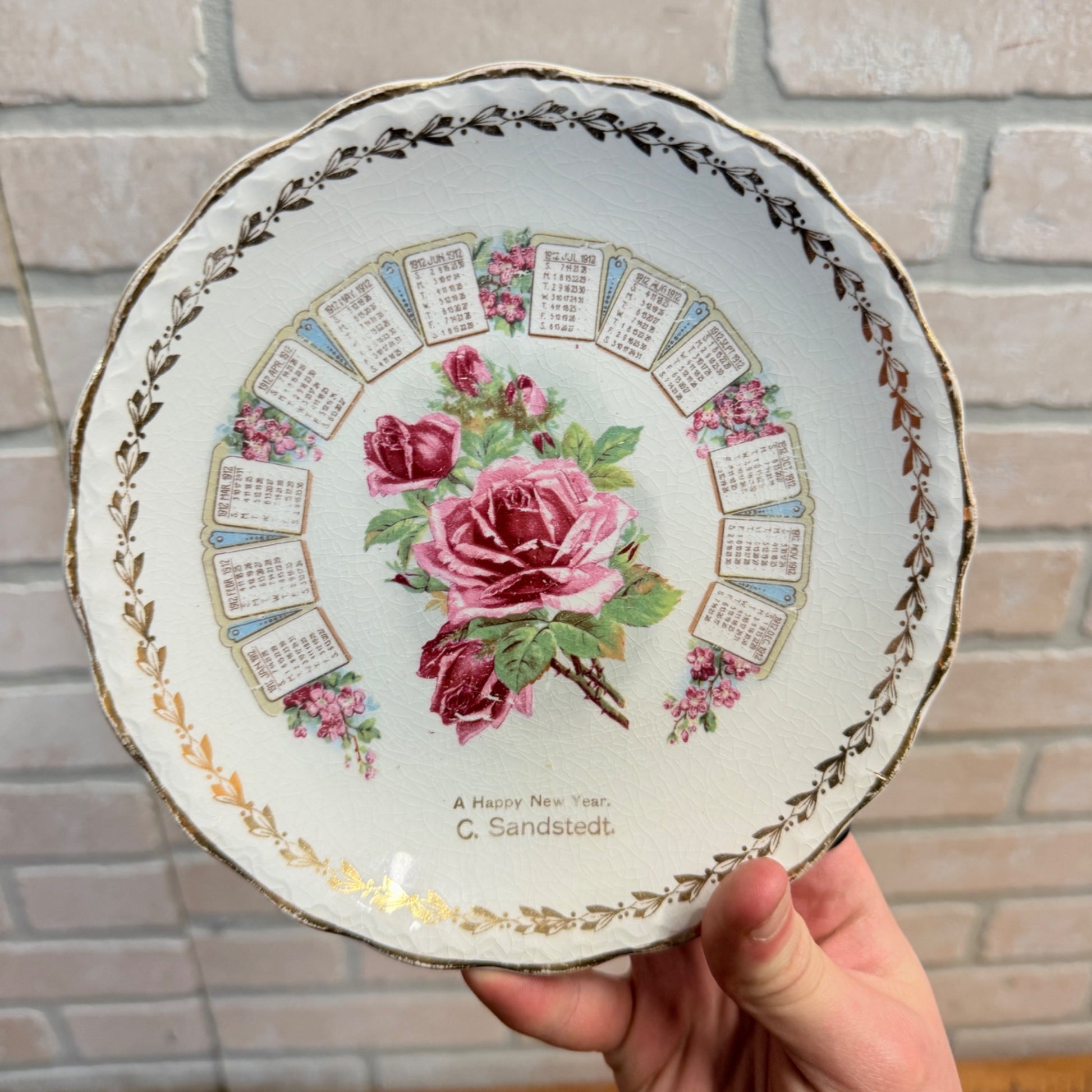 Vintage Advertising Calendar Plate 1912 Roses Happy New Year C. Sandstedt Illinois?