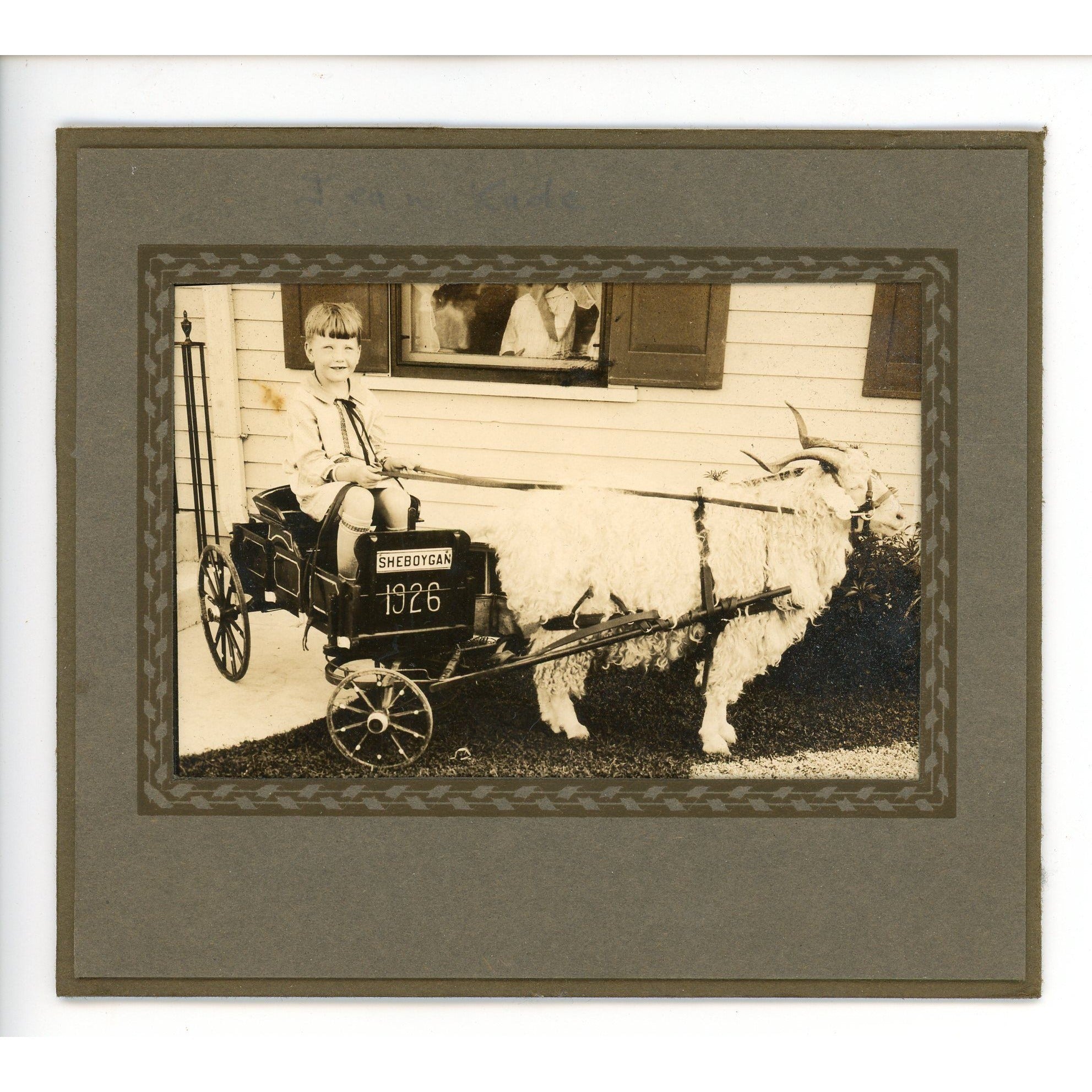 Antique 1926 Girl on Sheboygan Wis Wooden Cart W/Sheep Photo Original Cute!