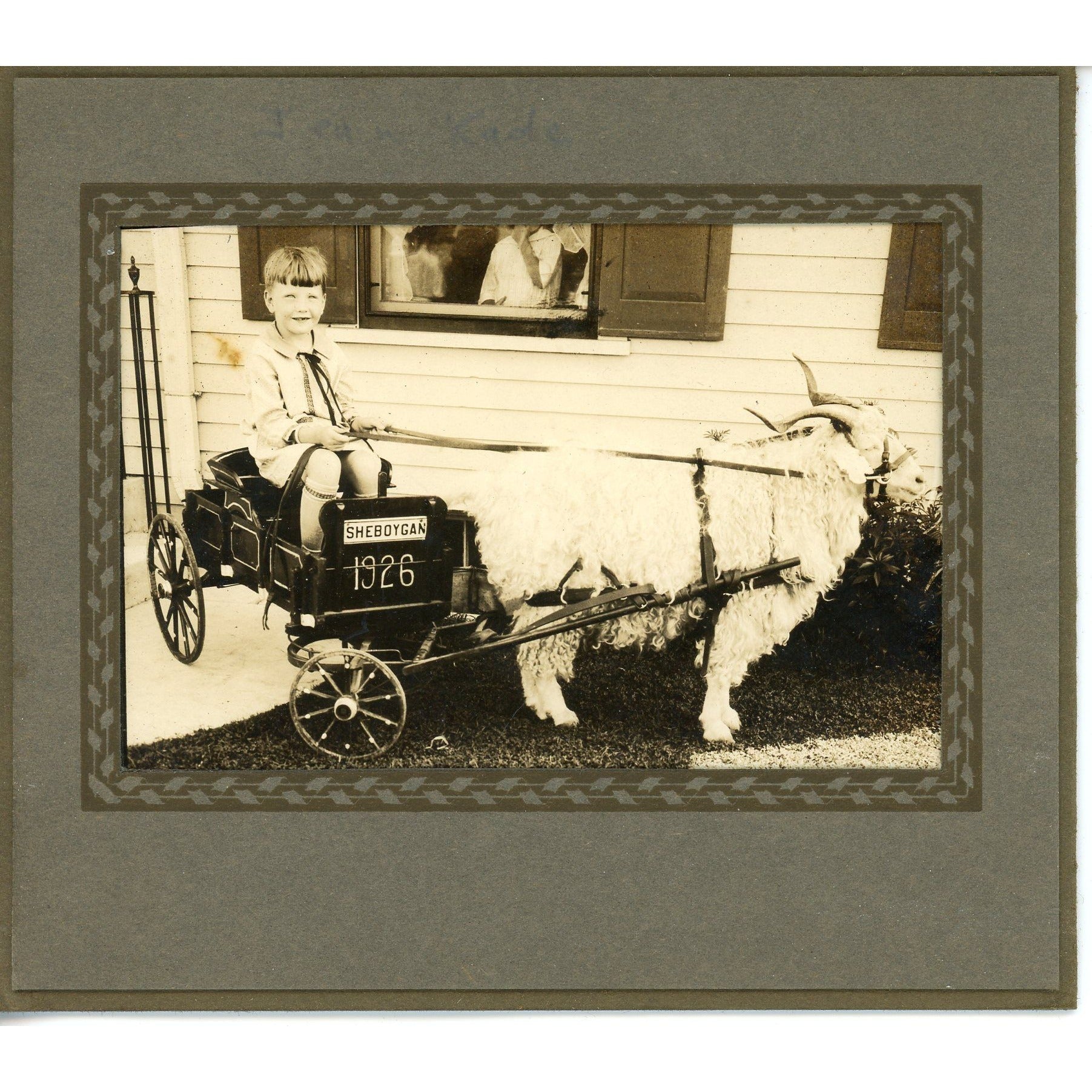 Antique 1926 Girl on Sheboygan Wis Wooden Cart W/Sheep Photo Original Cute!